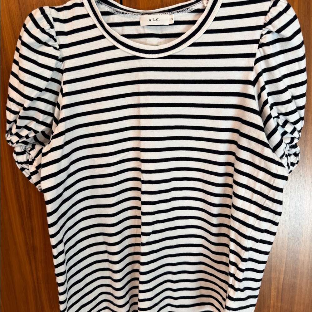 A.L.C. Black and White Striped Puff-Sleeve Tee
